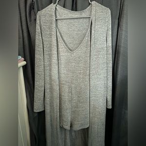 light gray romper and cardigan